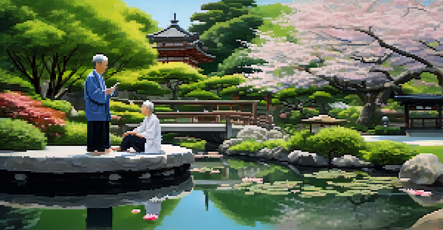 A peaceful Japanese garden with a traveler and a local elder interacting, surrounded by cherry blossoms and a koi pond.