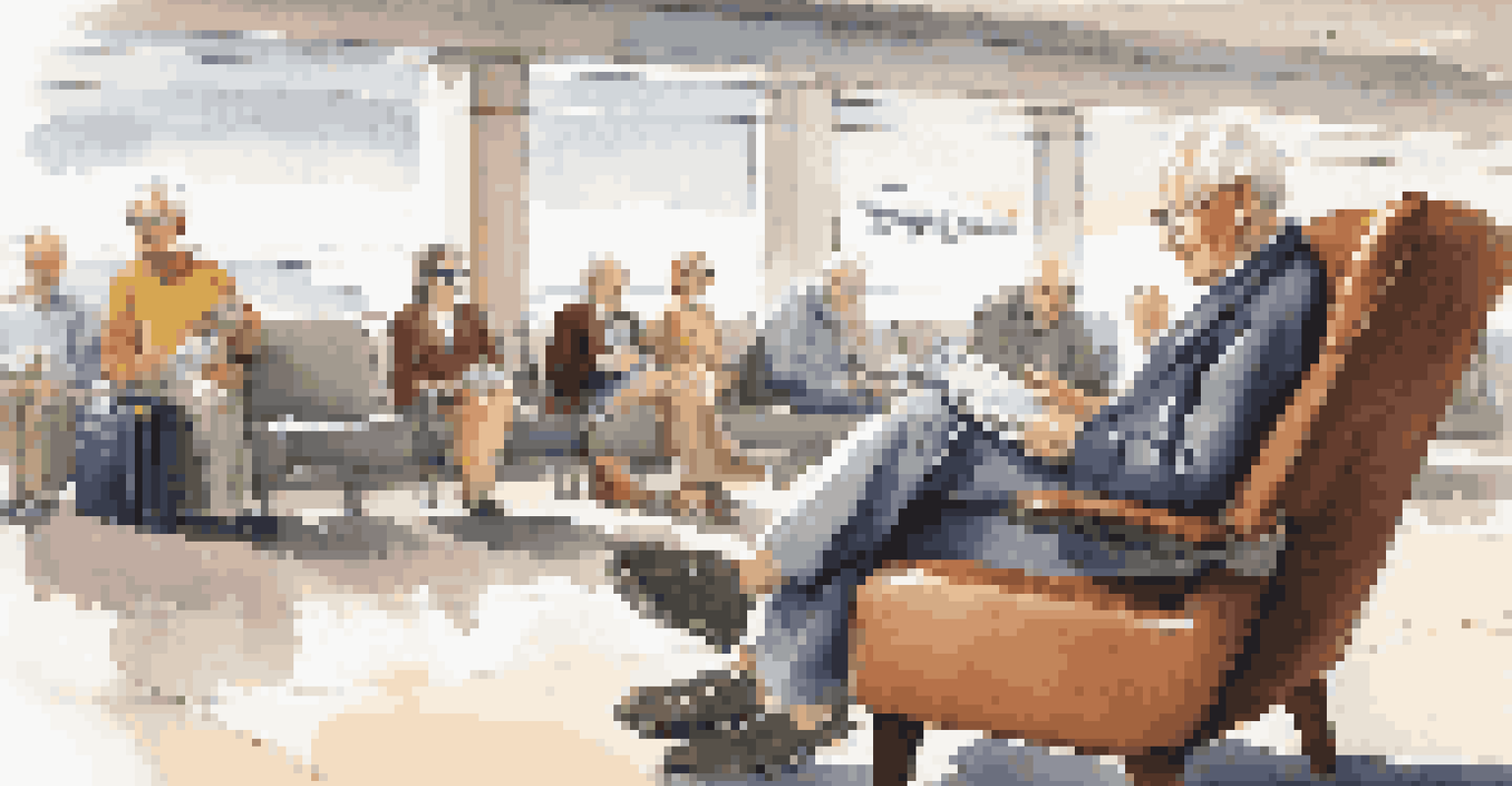 A senior traveler in an airport lounge, reading a travel insurance brochure, looking relaxed and prepared for their trip.