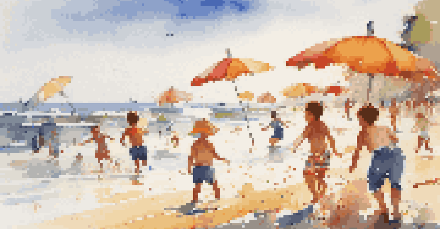 Children enjoying the beach, playing in the waves under bright sunlight with colorful umbrellas in the background.