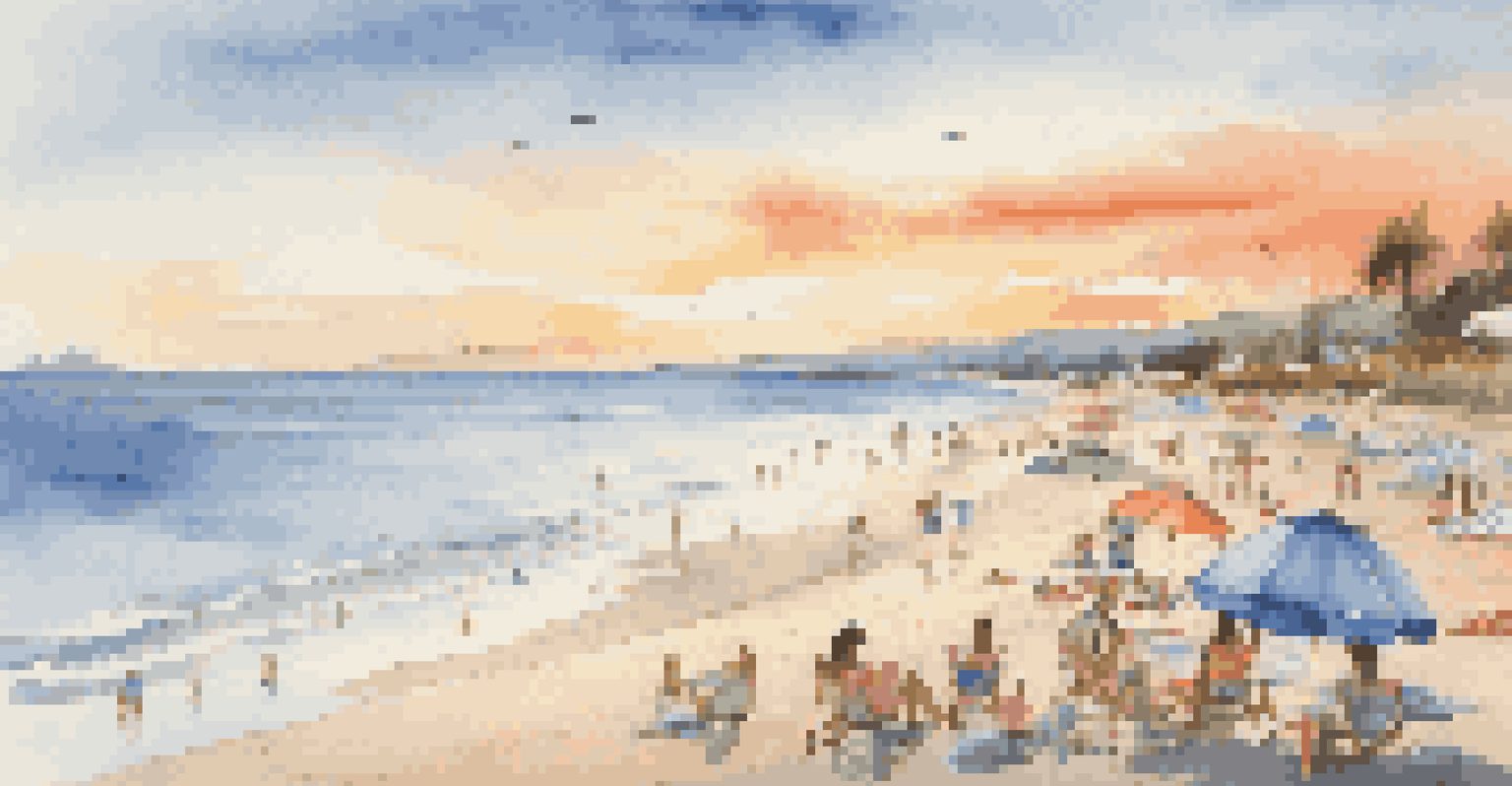 A peaceful beach at sunset with families enjoying the sand, colorful umbrellas, and a calm atmosphere.