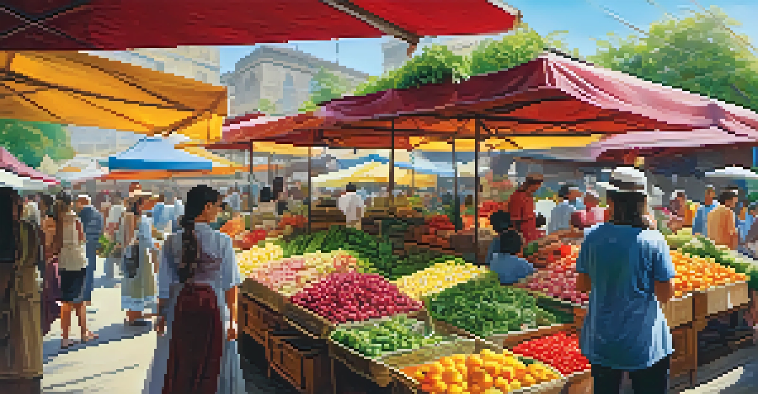 A lively local market with colorful fruits, vegetables, and shoppers interacting with vendors.