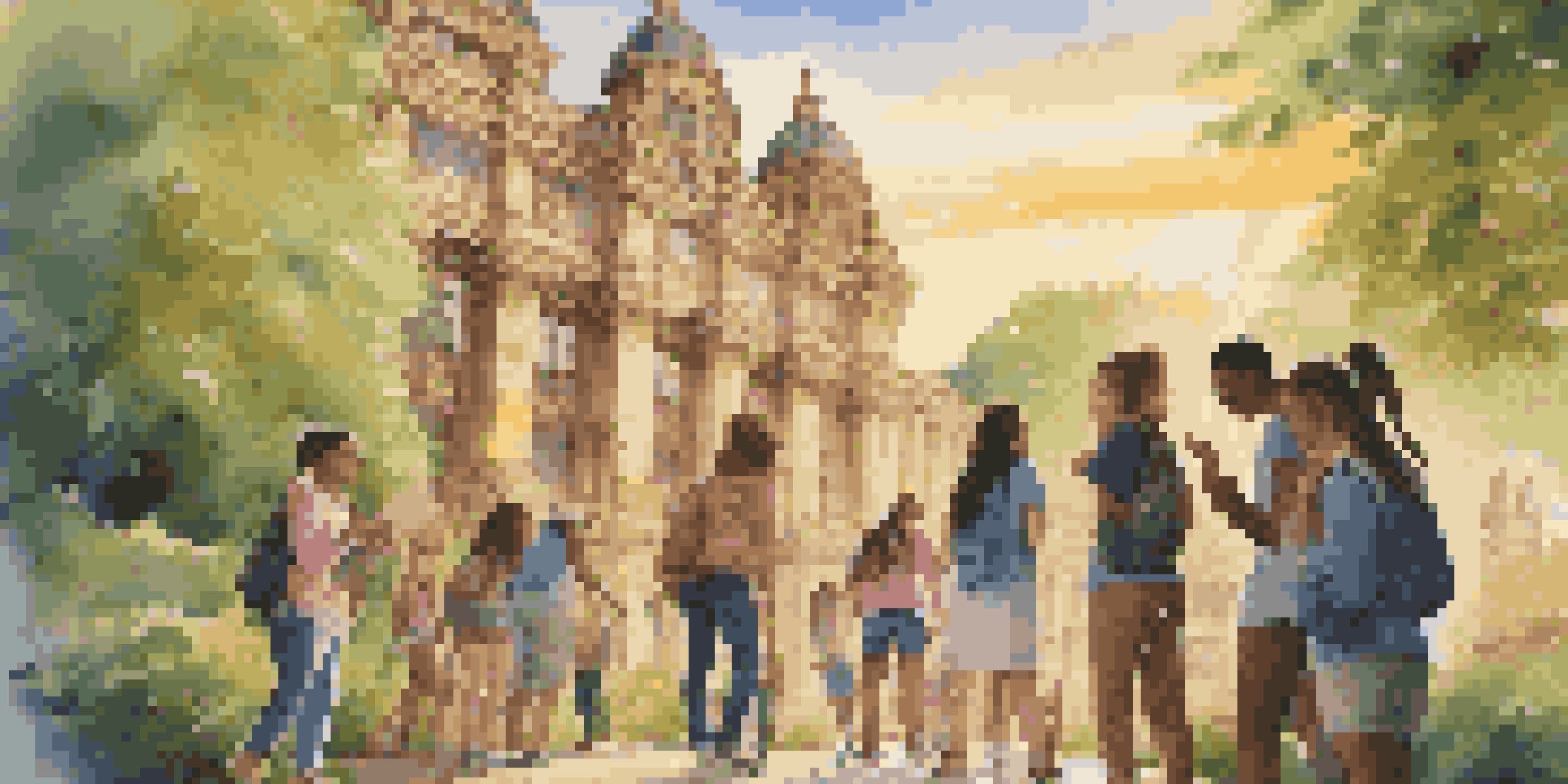 A group of enthusiastic teens engaged in a scavenger hunt at a historical site, surrounded by beautiful architecture and greenery, bathed in warm sunset light.