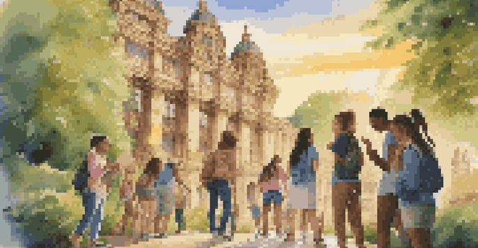 A group of enthusiastic teens engaged in a scavenger hunt at a historical site, surrounded by beautiful architecture and greenery, bathed in warm sunset light.