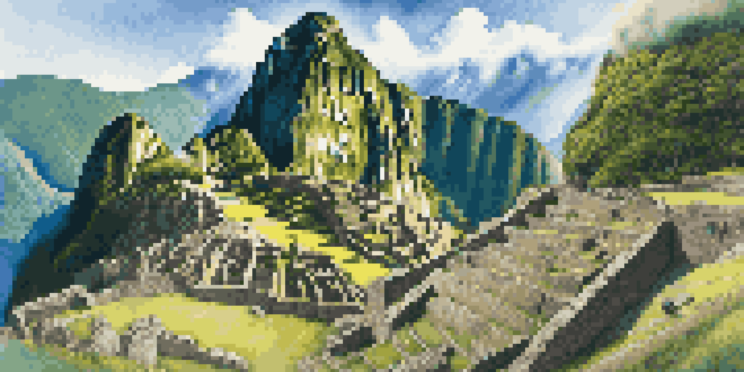 A scenic view of Machu Picchu with visitors walking among ancient ruins surrounded by mountains.