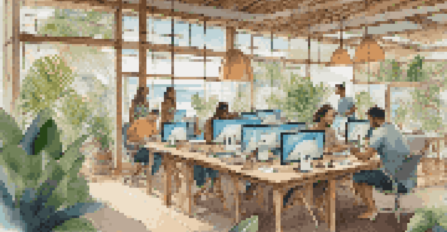 A lively co-working space in Bali with remote workers engaged in collaboration, surrounded by tropical decor and beach views.