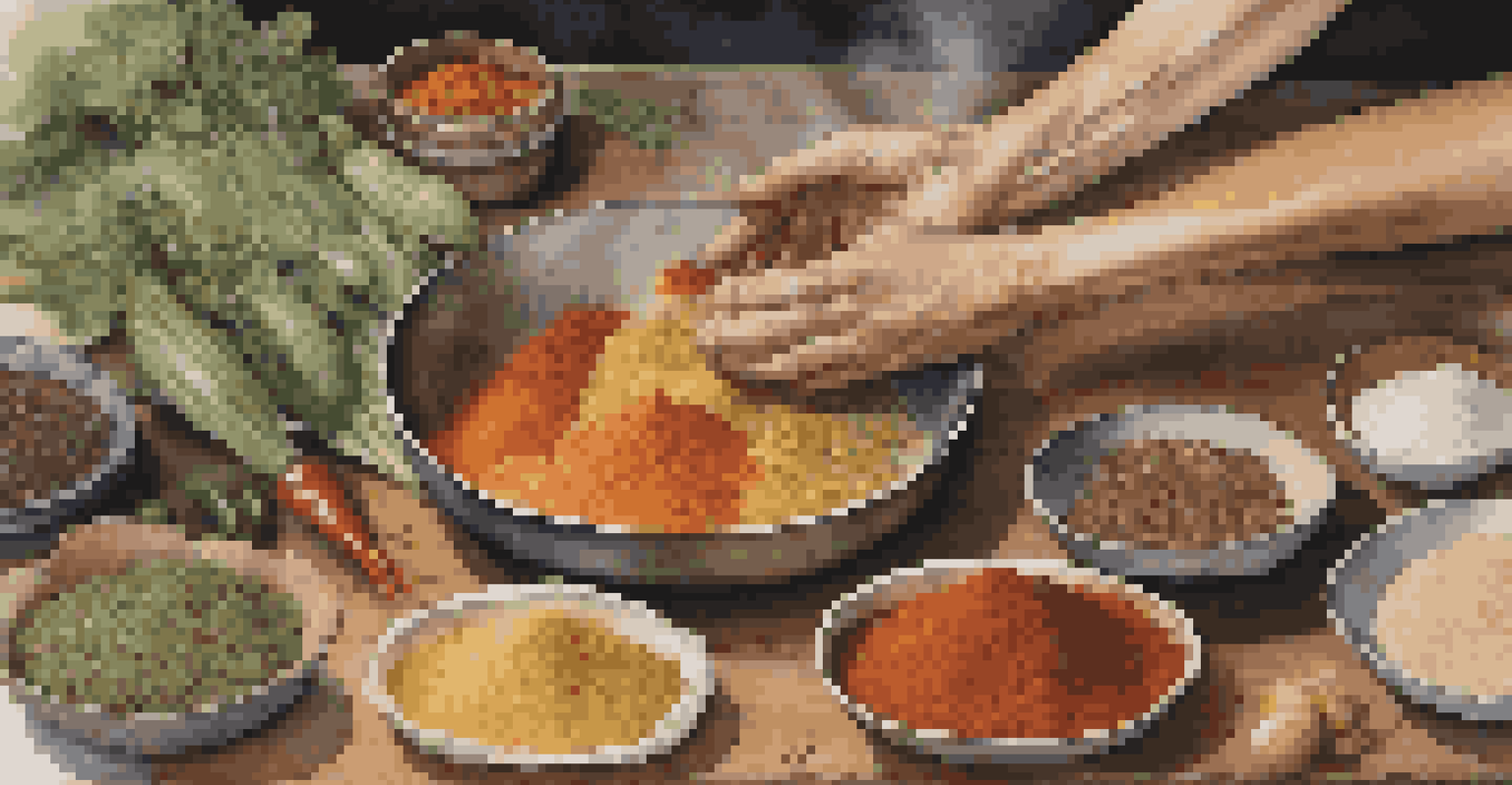Close-up of hands preparing traditional food with fresh ingredients on a wooden countertop.