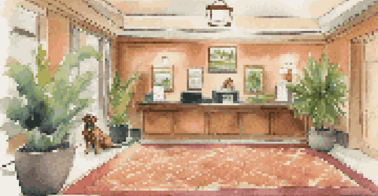 A pet-friendly hotel lobby with a dog resting on a rug near a reception desk.