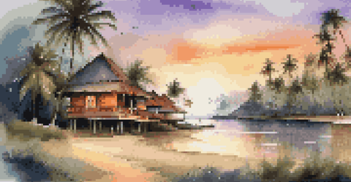 A peaceful Ayurvedic retreat with wooden cottages surrounded by palm trees and a calm beach during sunset, showcasing warm colors in the sky.