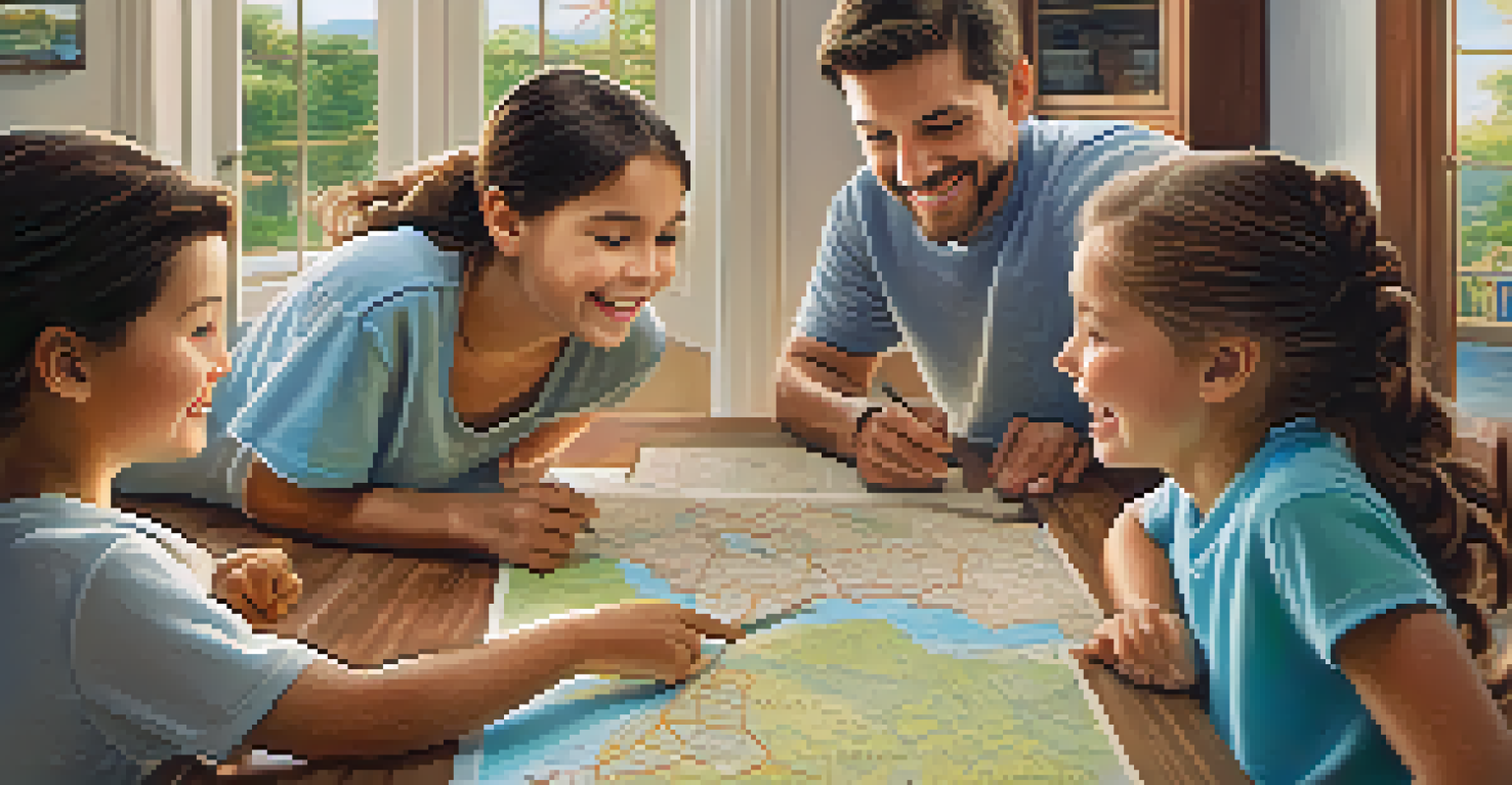 A family engaged in planning their vacation, gathered around a table with a map on the wall and travel-themed decor.