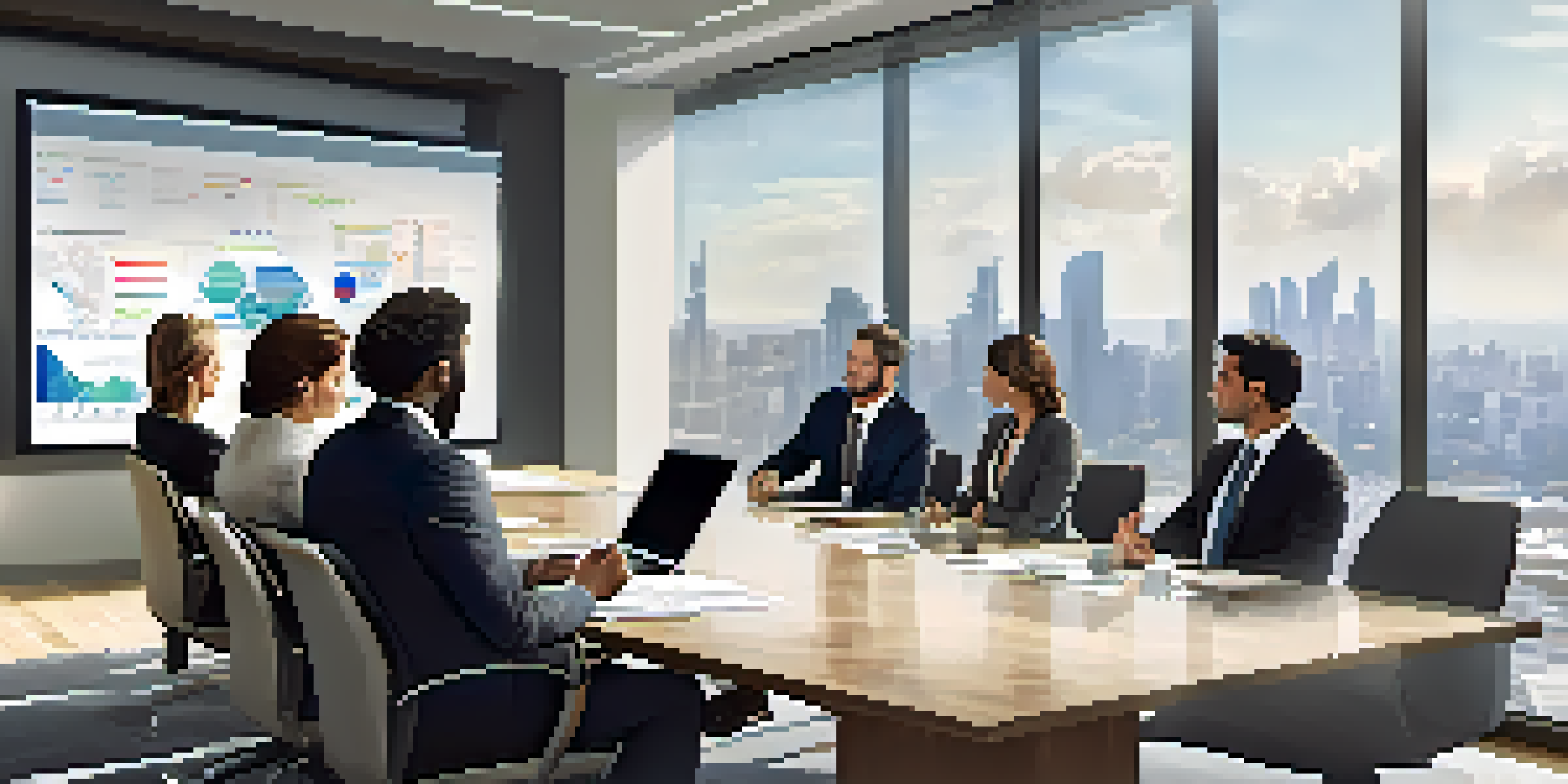 A diverse group of professionals in formal attire engaged in a business meeting around a conference table in a modern office.