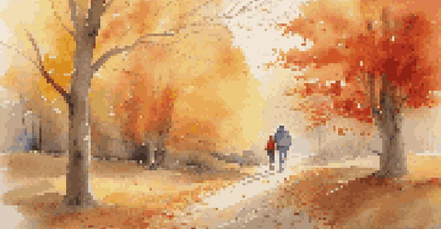 An autumn scene with colorful leaves and a person walking on a leaf-strewn path.