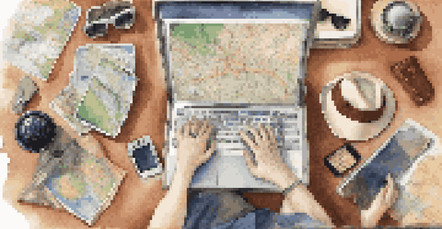 An overhead view of a person using a laptop and smartphone to find last-minute travel deals, with travel items on the desk.