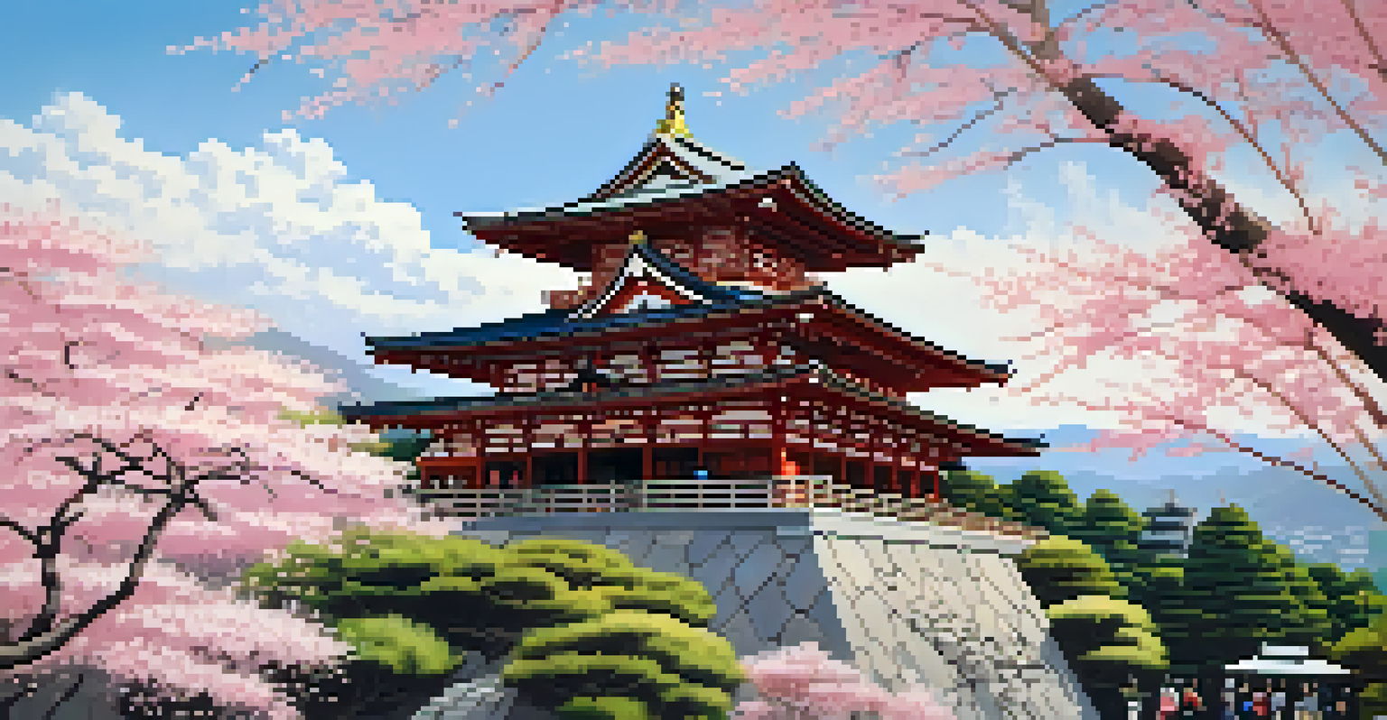 Kiyomizu-dera Temple in Kyoto framed by blooming cherry trees, with visitors admiring the view against a clear blue sky.