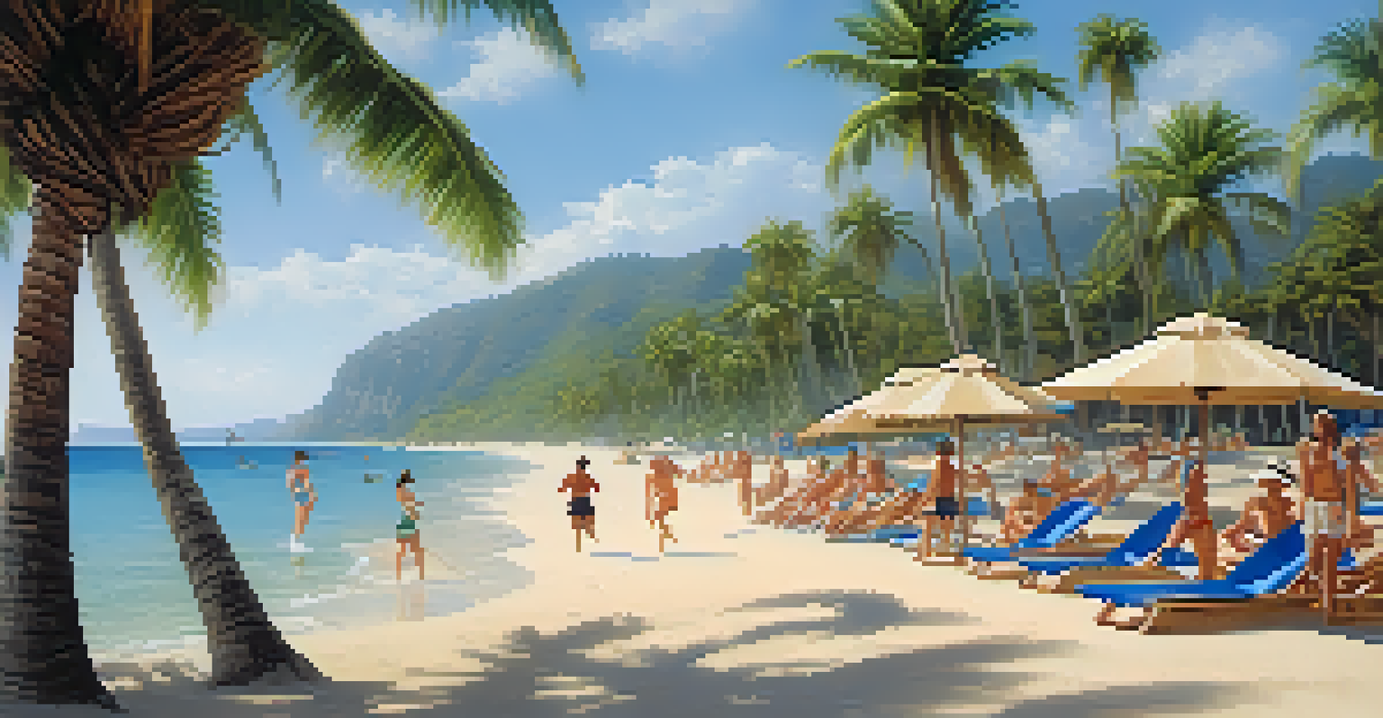 A tranquil tropical beach with travelers in lightweight clothing, palm trees, sandy shores, and clear blue water.