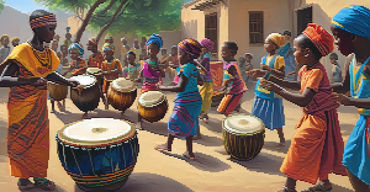 Children learning to play traditional drums in a lively West African rhythm workshop with an enthusiastic instructor.