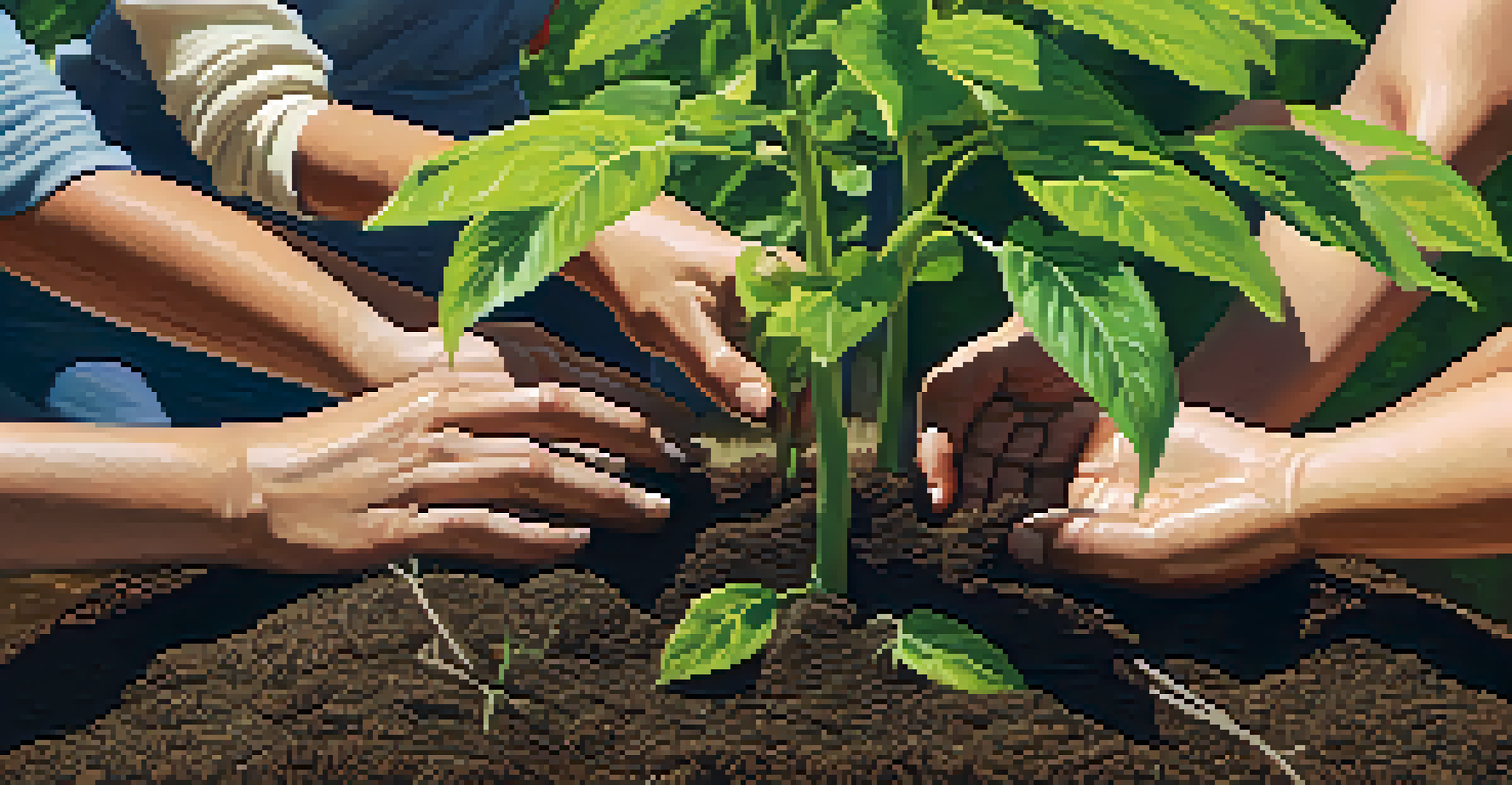 Hands planting a tree in a community garden, showcasing teamwork and care for the environment.