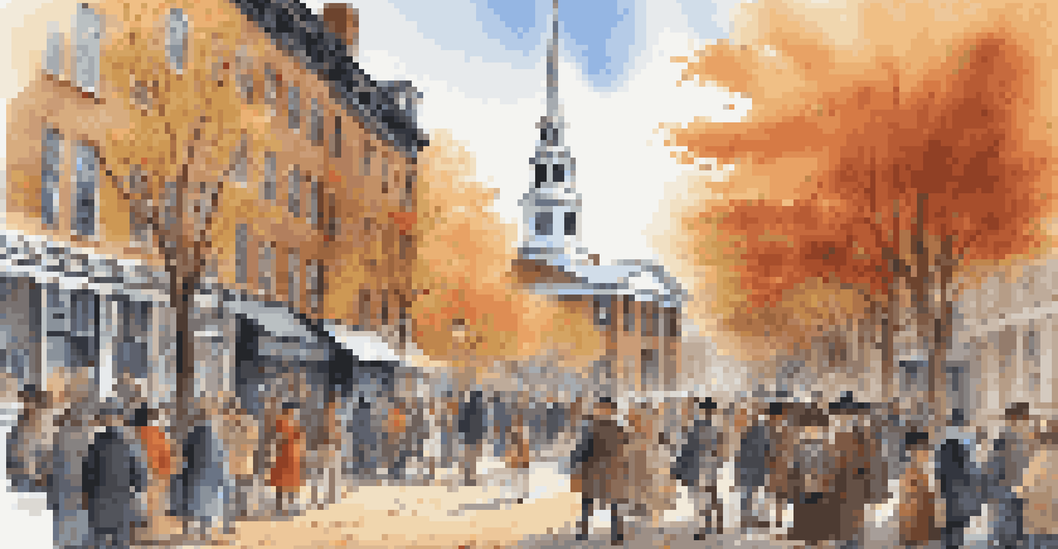 Tourists walking along the Freedom Trail in Boston, with historical landmarks and autumn leaves in the background.