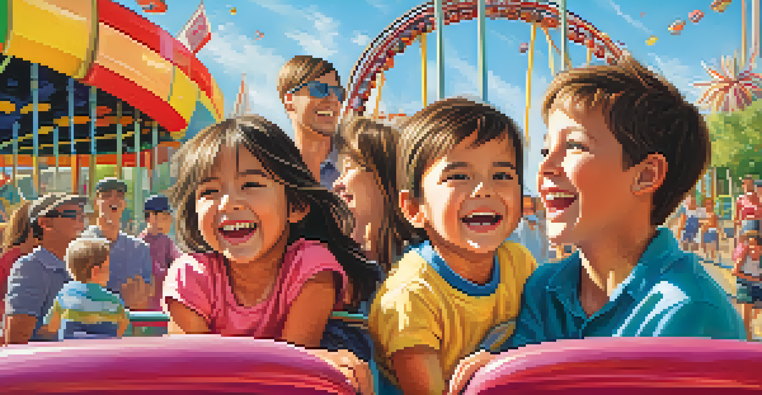 A family at an amusement park with children on a roller coaster and parents watching happily.