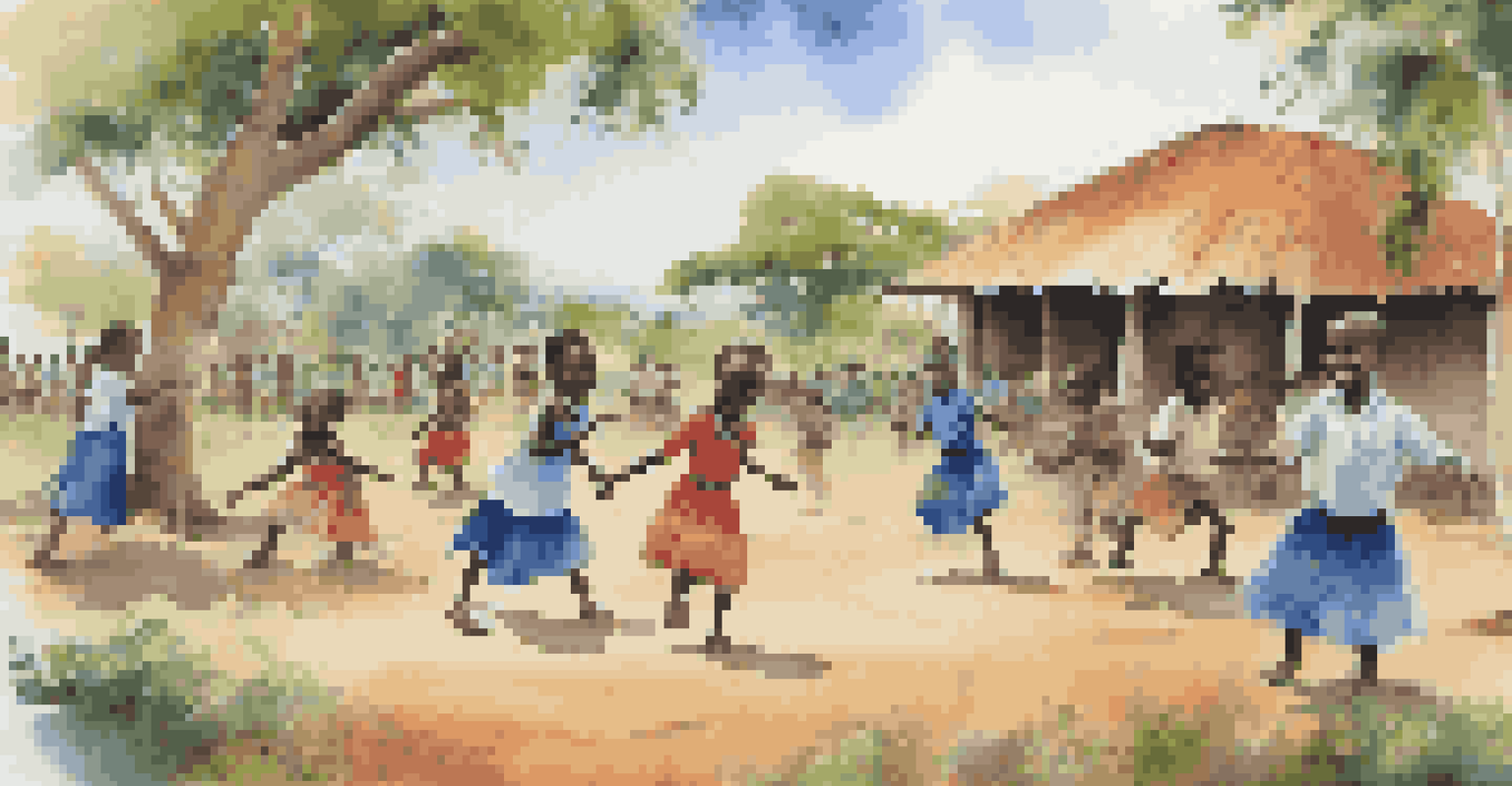 Children in Kenya learning traditional dances with a young woman teacher's assistant.