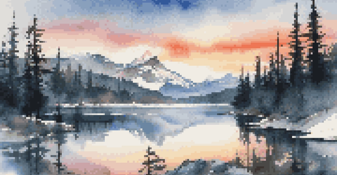 A mountain landscape at sunrise with a lake and a hiker in silhouette.