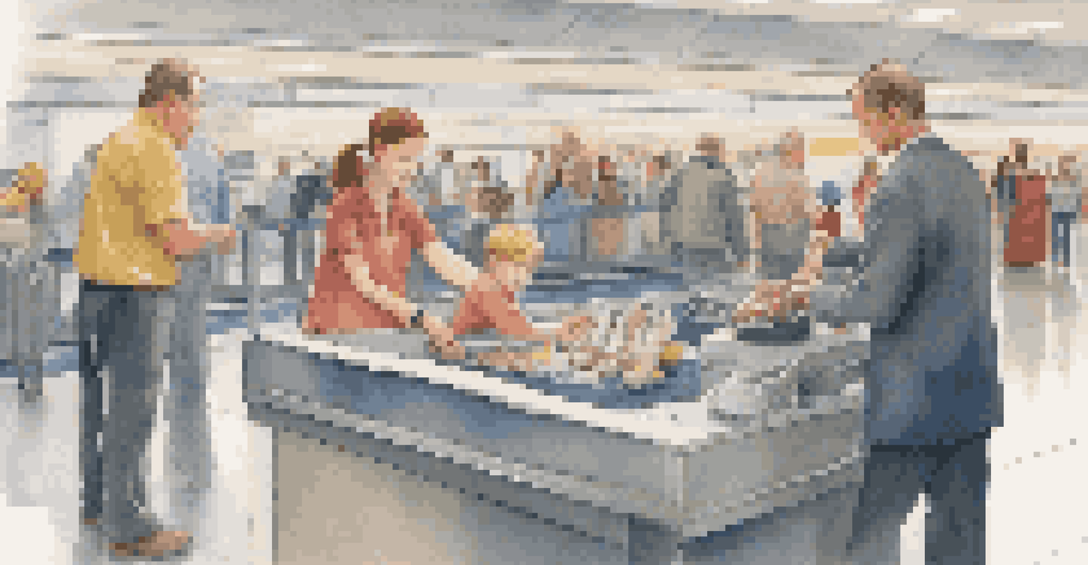 A family going through airport security, with a parent explaining the process to a child.