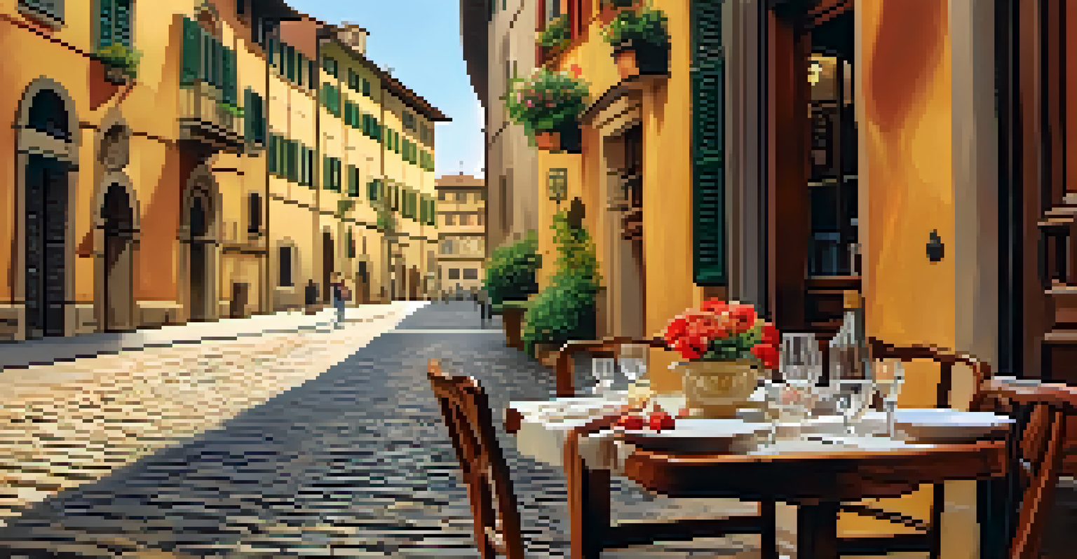 An Italian café in Florence with a table set for dining, showcasing pasta and wine.
