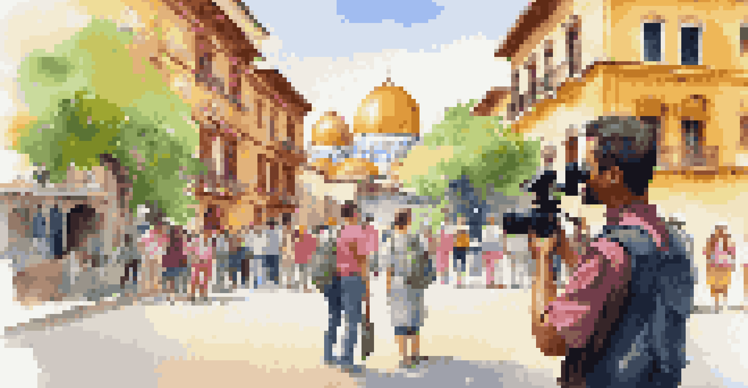 A participant in a cultural exchange program photographing a historic landmark, surrounded by smiling locals.