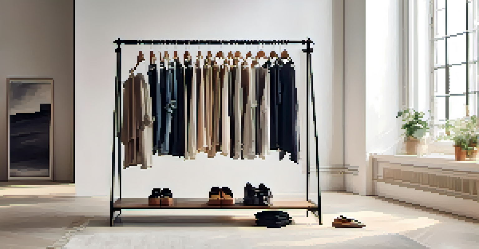 A clothing rack showcasing a minimalist capsule wardrobe with basic clothing items and shoes, in a bright room.