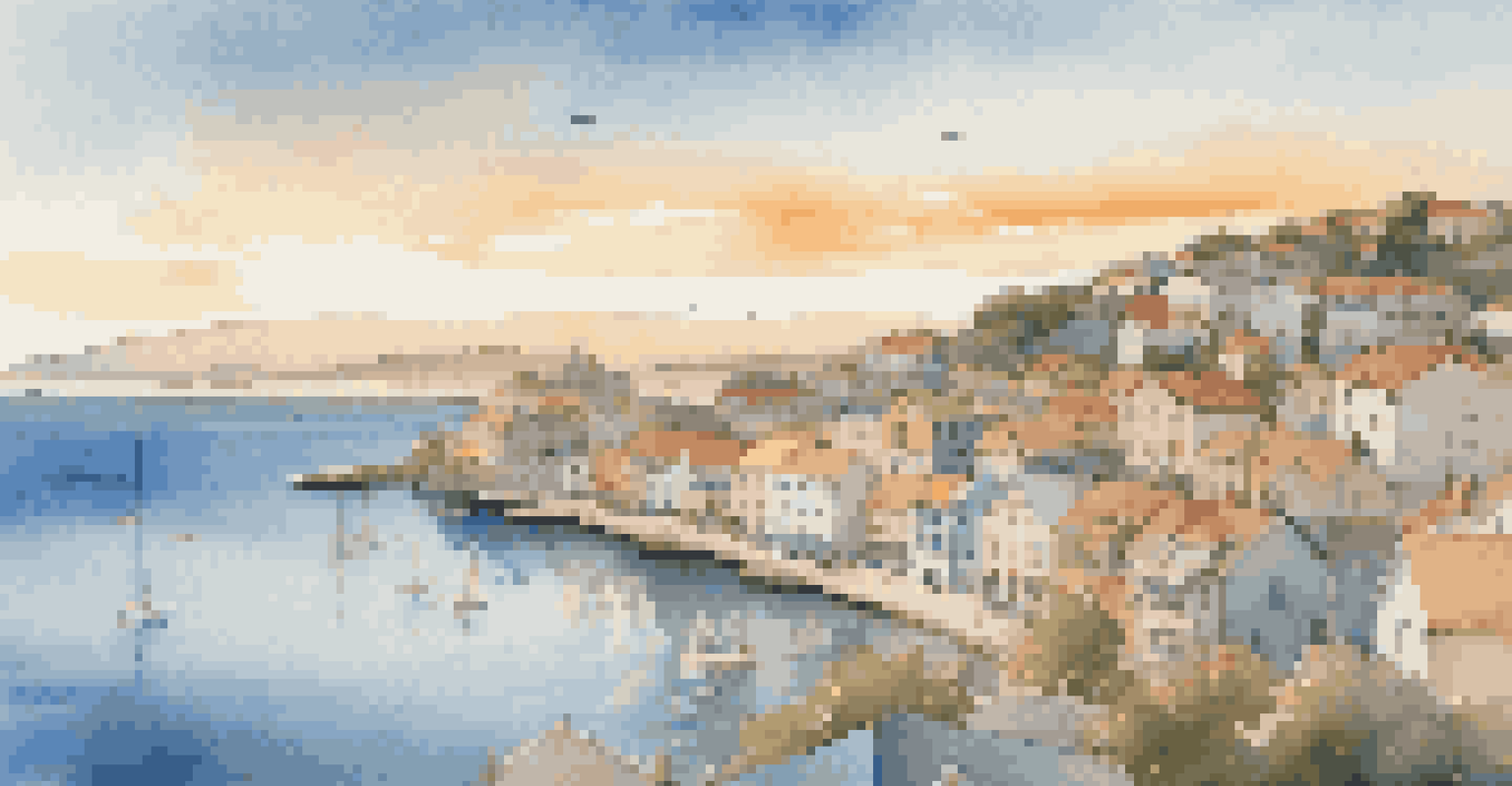 A peaceful coastal town at sunset with fewer crowds and colorful buildings by the water.