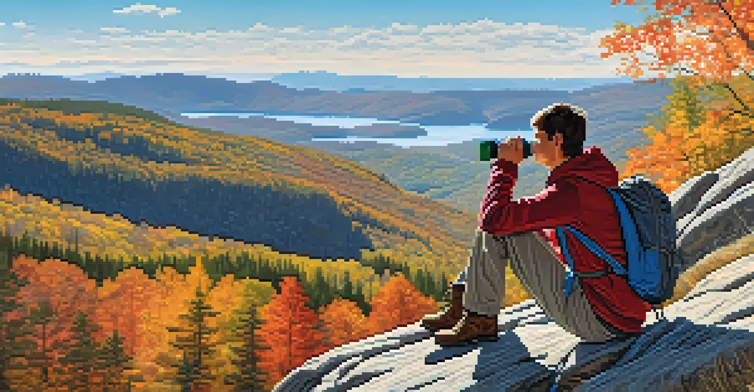 A hiker resting on a rocky ledge, enjoying a view of an autumn-colored valley while sipping water.