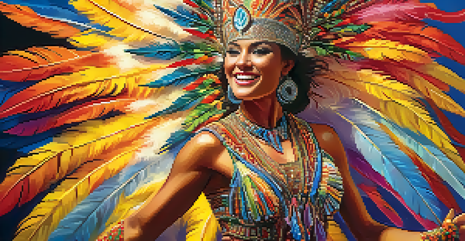 A samba dancer in an elaborate costume with feathers and beads, captured in motion with a joyful expression.