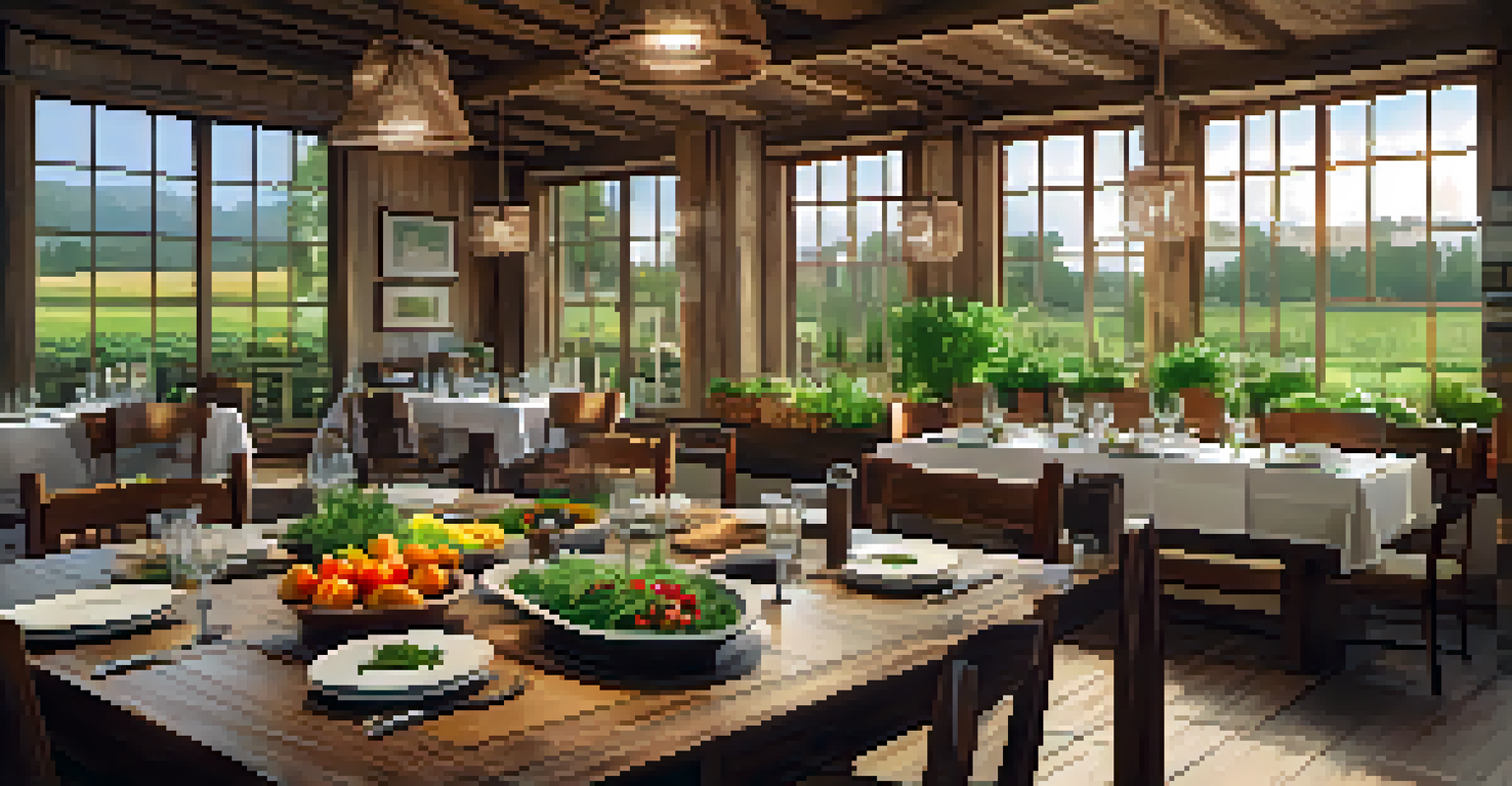 A dining area in a green hotel with local produce and herbs, featuring rustic decor and natural light.