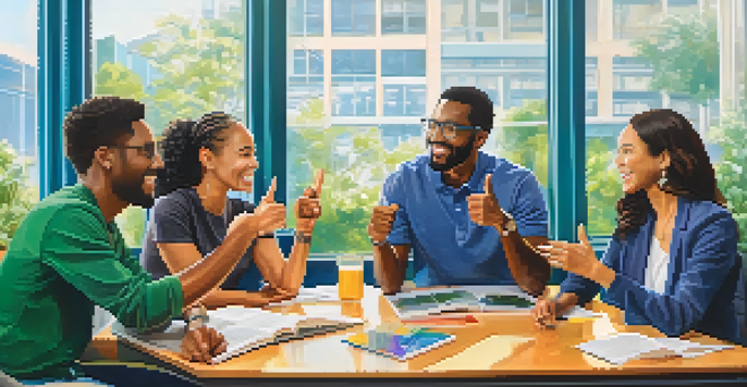 A diverse group of people in a modern office, using various gestures while discussing.