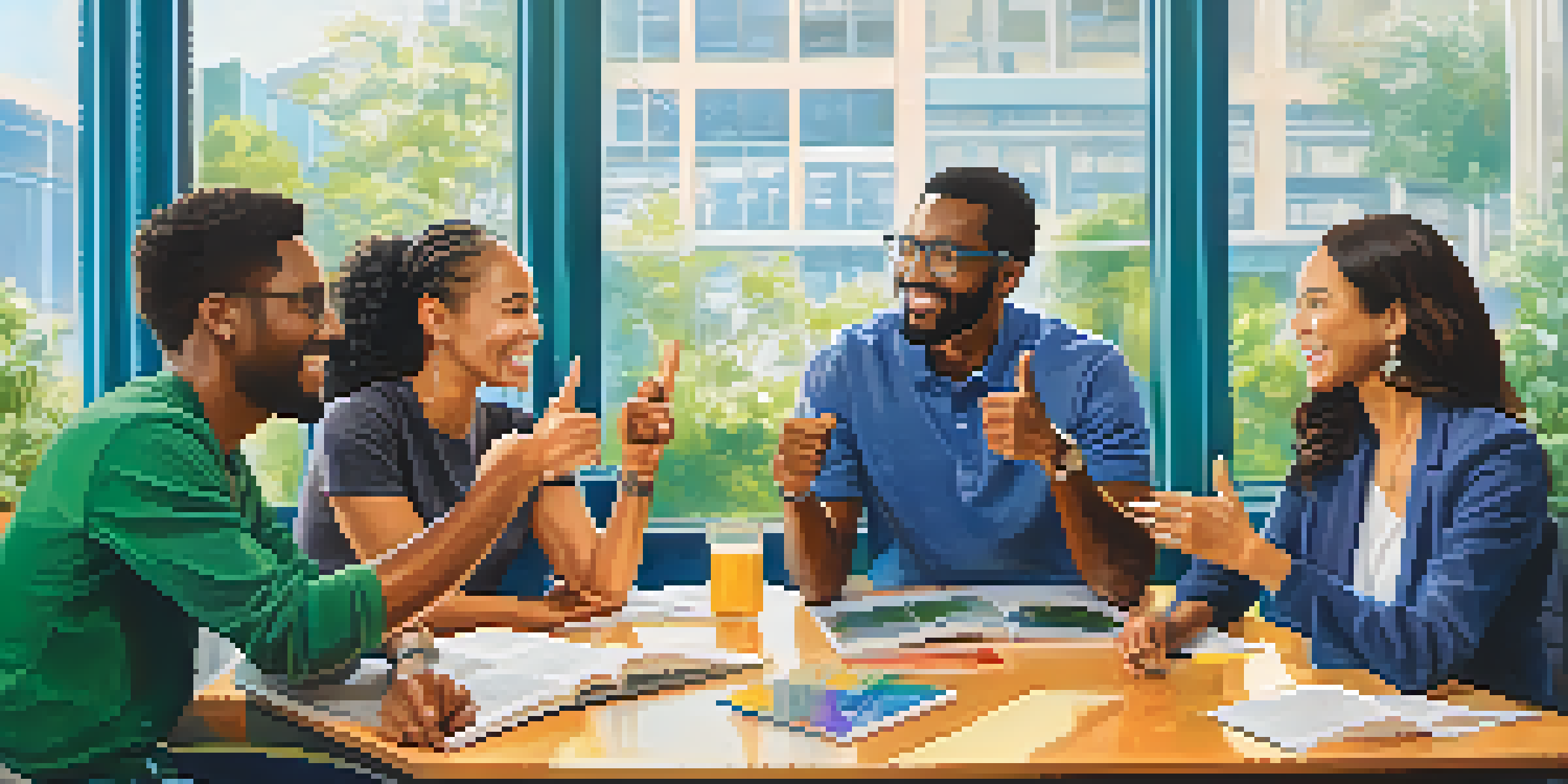 A diverse group of people in a modern office, using various gestures while discussing.