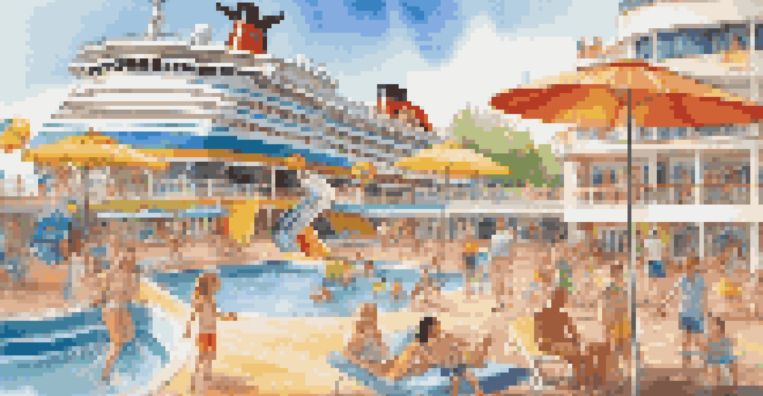 A family having fun on a cruise ship, with children playing in water and parents relaxing nearby.