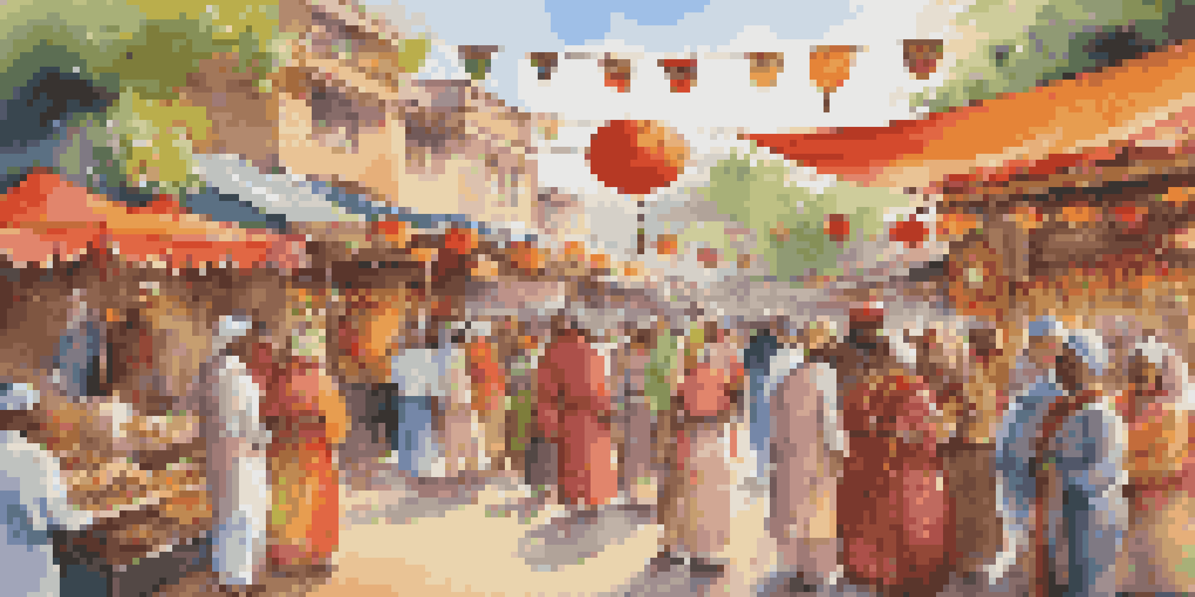 A lively outdoor festival with people in traditional clothing from different cultures, enjoying food and conversations, surrounded by colorful decorations.