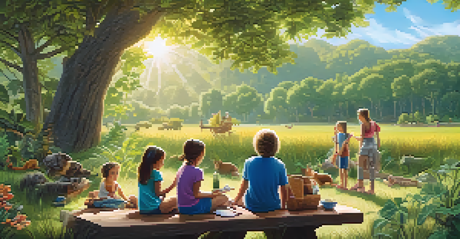 A wooden sign displaying Leave No Trace principles with a family having a picnic in a natural setting.