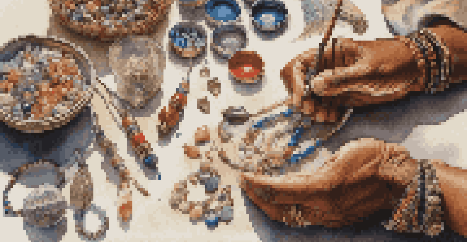 A close-up of hands crafting jewelry with natural materials, surrounded by colorful beads and tools in a well-lit workspace.