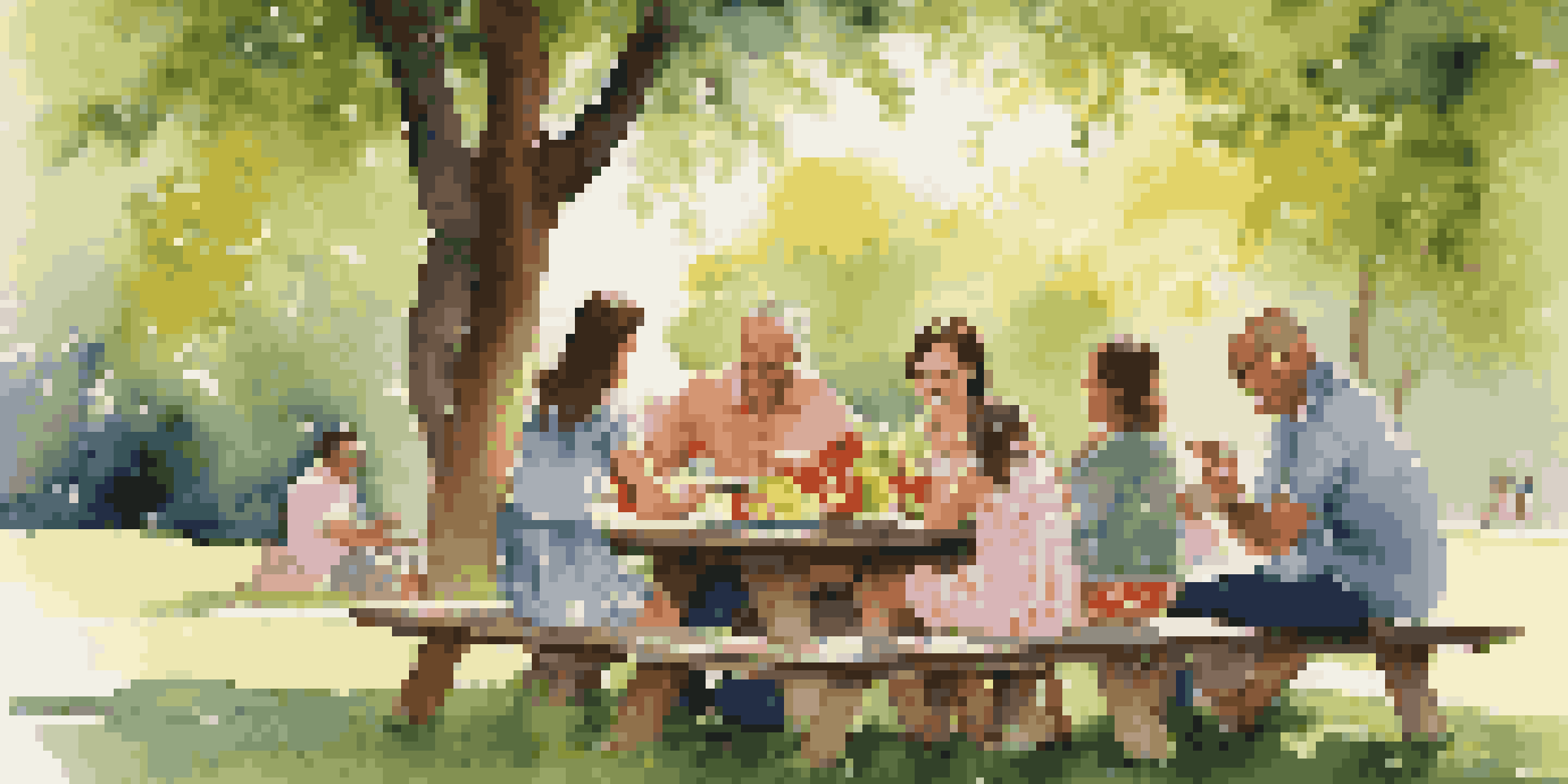 A family enjoying a picnic in a sunny park, surrounded by greenery and food.