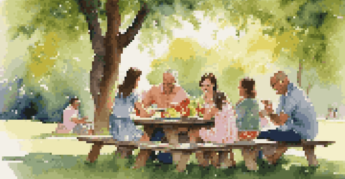 A family enjoying a picnic in a sunny park, surrounded by greenery and food.