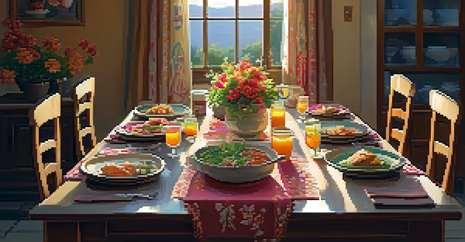 A dining table set for a traditional meal in a homestay, featuring colorful dishes and family members enjoying a meal together.