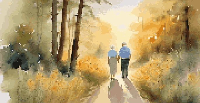 A senior couple walking hand-in-hand on a nature trail, surrounded by flowers and trees during sunset.