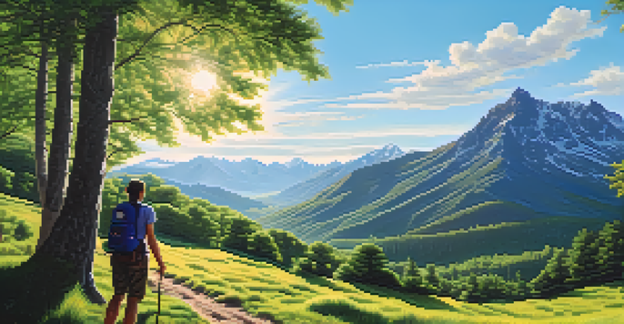 A lone traveler hiking in a vibrant green valley with a lightweight backpack, surrounded by trees and mountains in the distance.