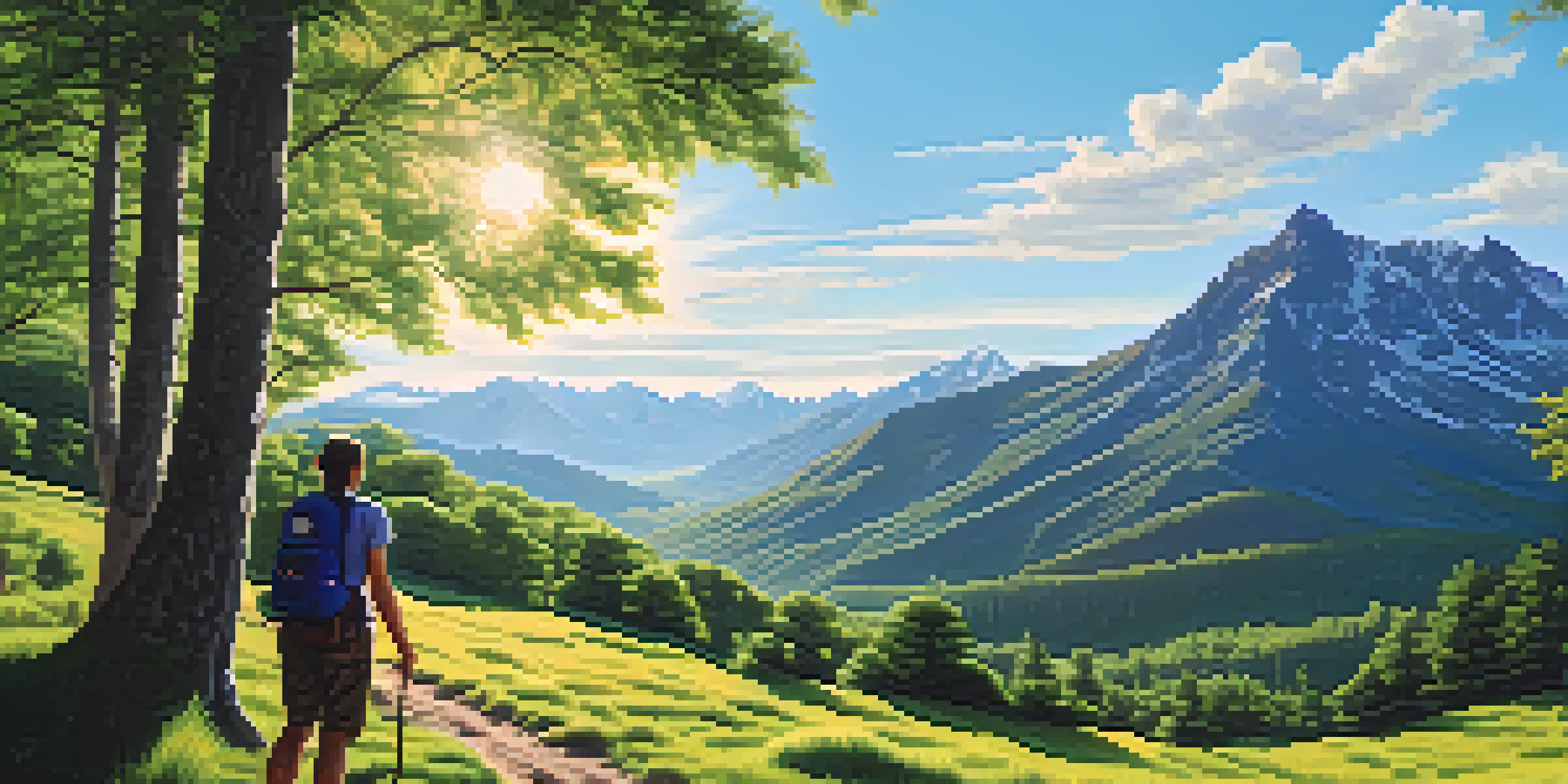 A lone traveler hiking in a vibrant green valley with a lightweight backpack, surrounded by trees and mountains in the distance.
