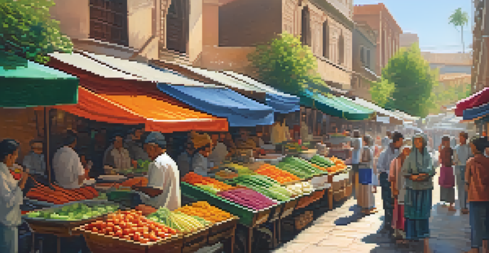A lively street market filled with colorful vegetarian food stalls and people enjoying the atmosphere.