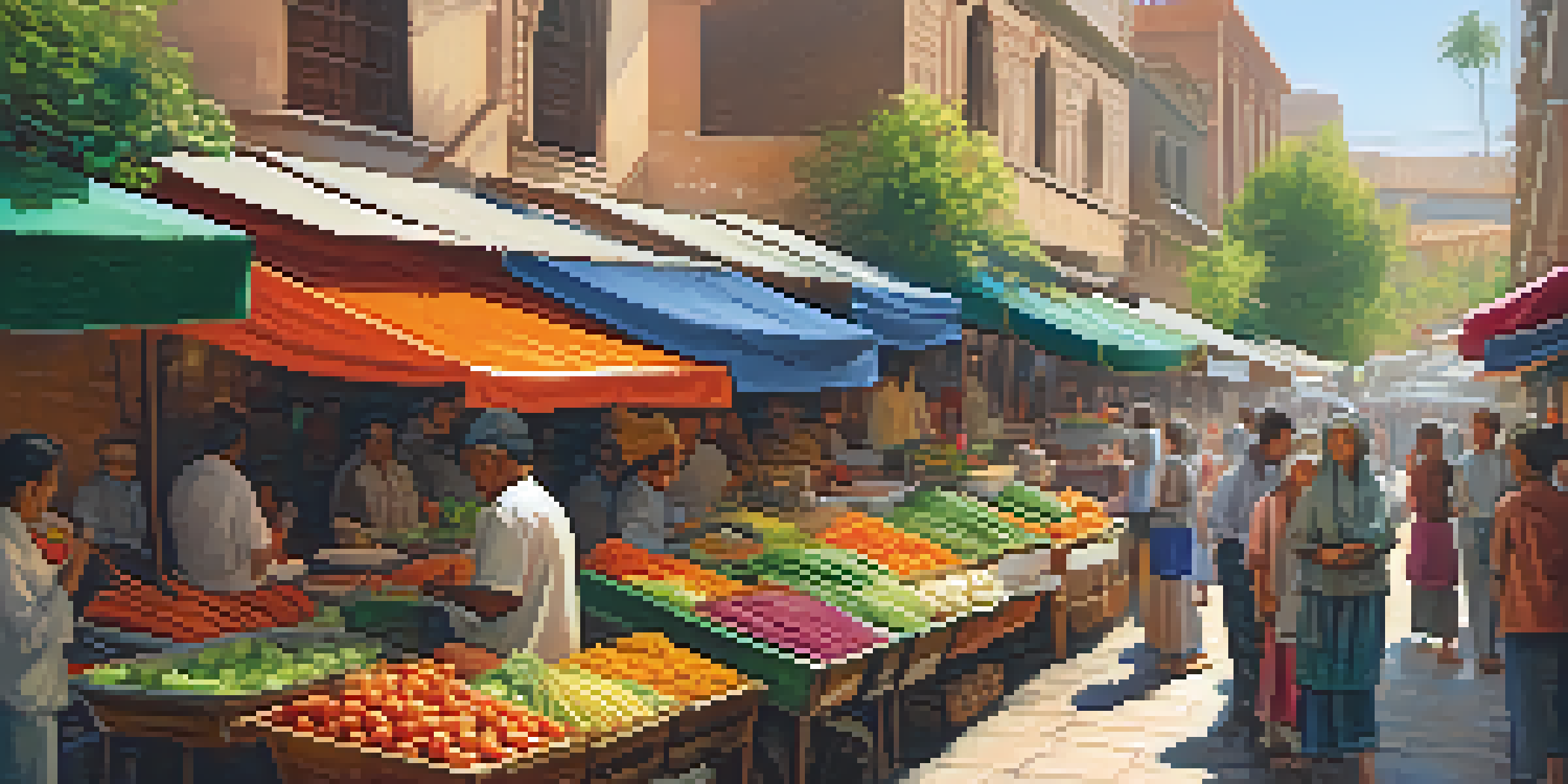A lively street market filled with colorful vegetarian food stalls and people enjoying the atmosphere.