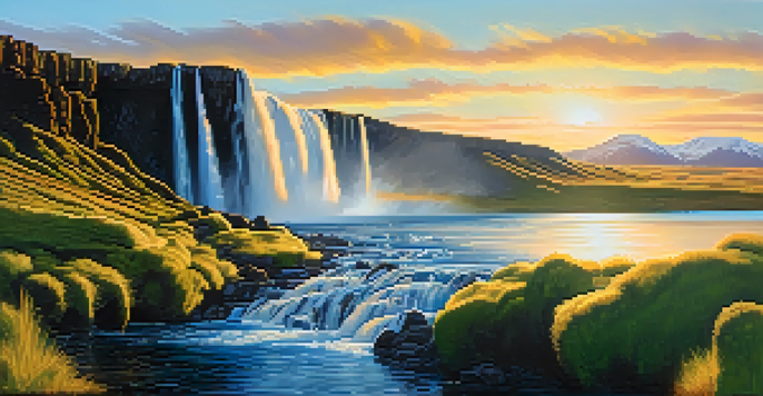 A picturesque waterfall in Iceland's Golden Circle, surrounded by green foliage and volcanic mountains under a clear sky.