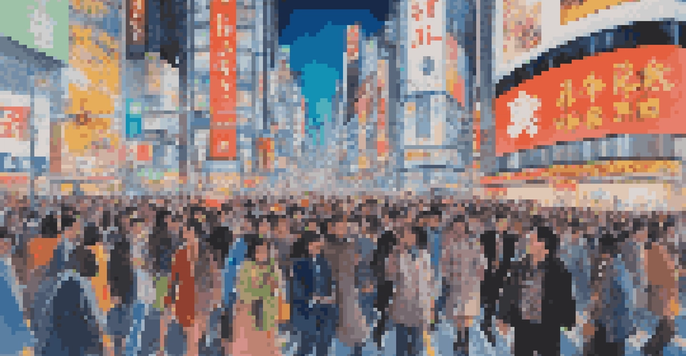 A busy Shibuya Crossing filled with people, illuminated by vibrant neon lights and advertisements.