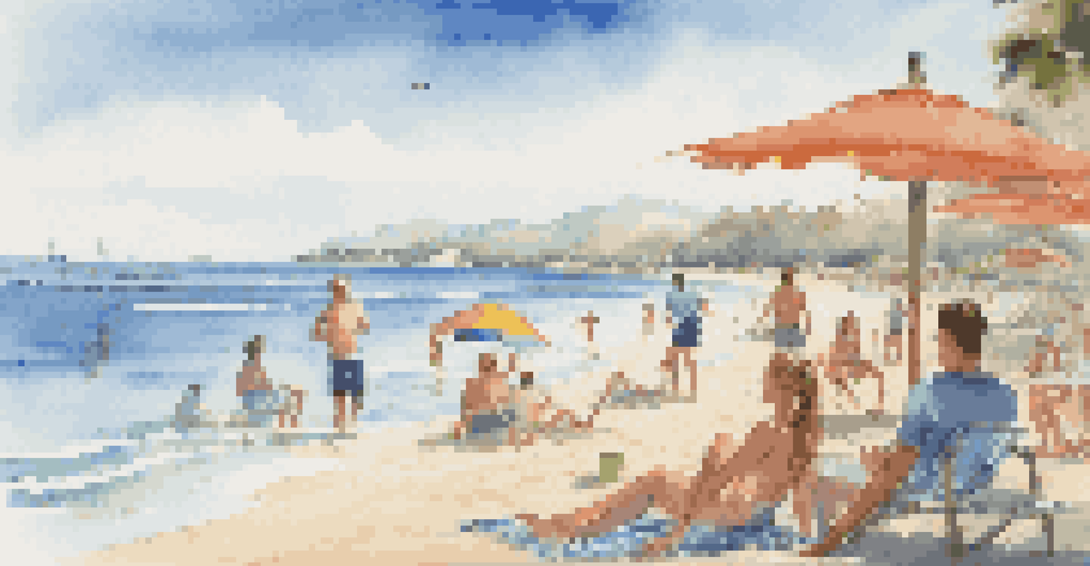 Teens enjoying a sunny day at the beach with volleyball and lounging under umbrellas.