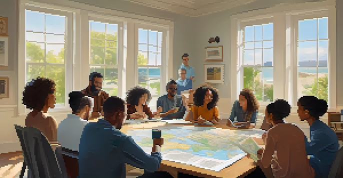 A group of people planning a trip together at a large table filled with maps and brochures, with sunlight pouring in through a window.